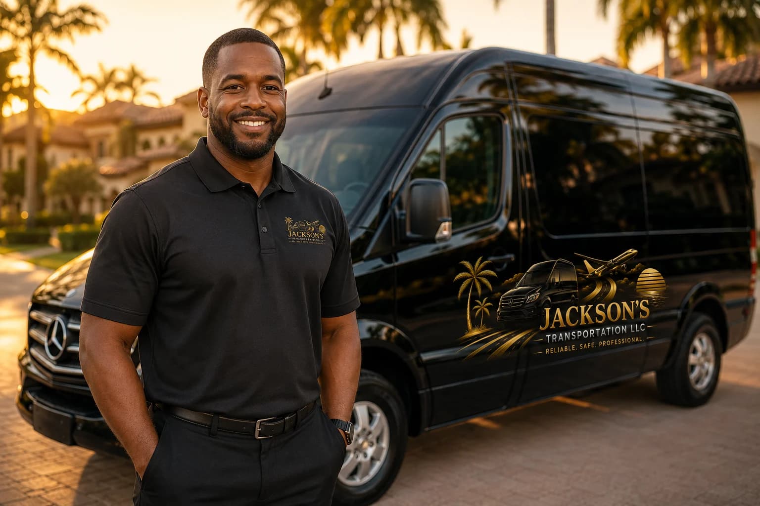 A professional Jackson's Transportation driver beside a company van