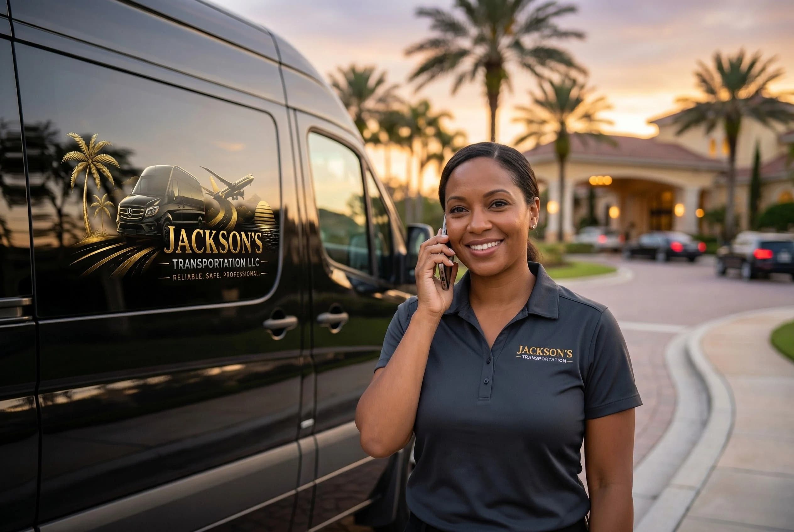 A friendly Jackson's Transportation coordinator on the phone beside a company van
