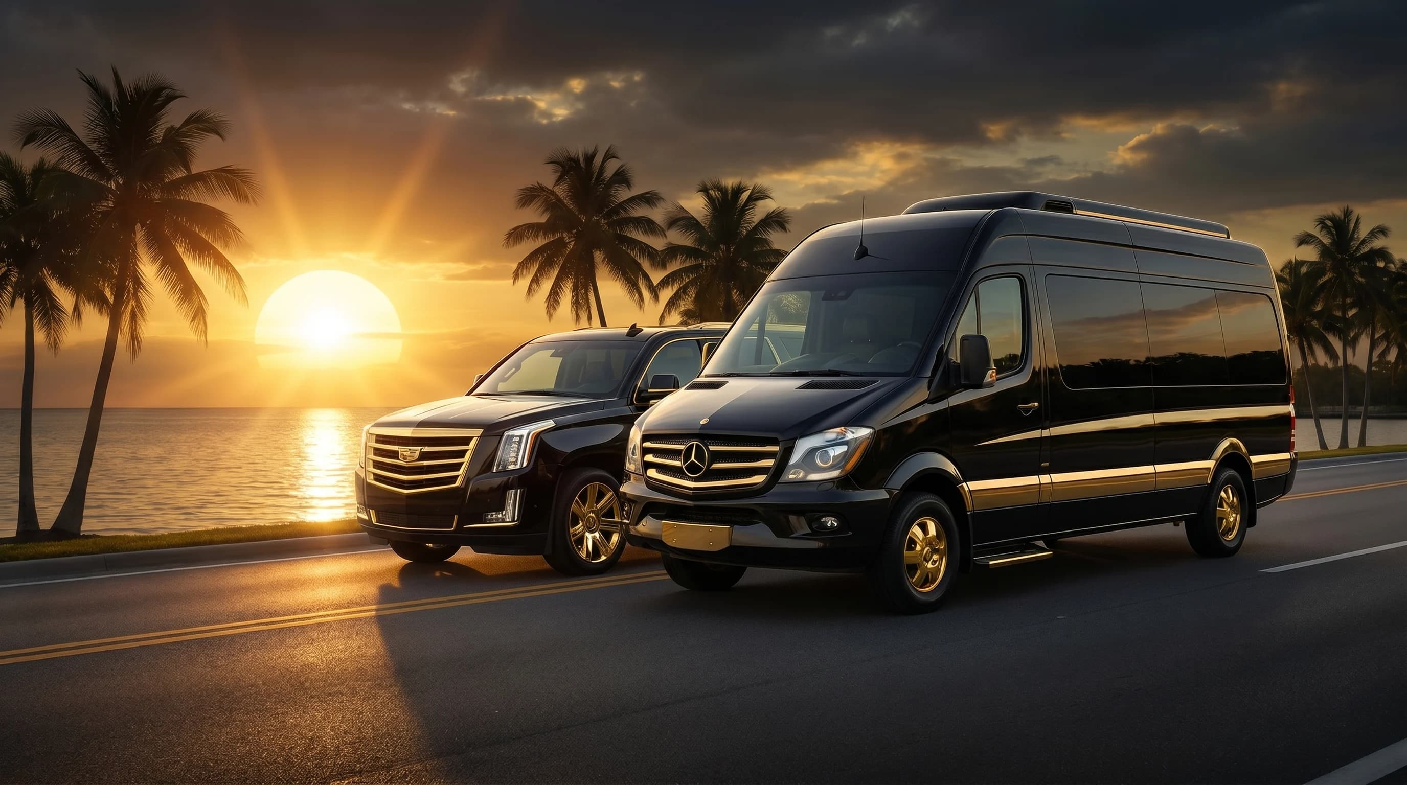Jackson's Transportation luxury van and SUV on a Central Florida coastal road at sunset