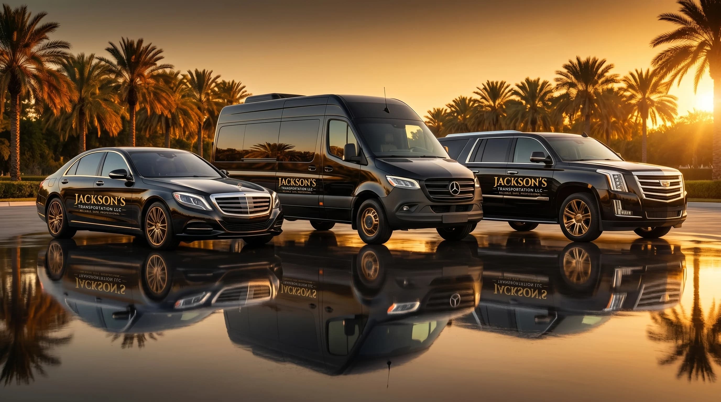 The full Jackson's Transportation fleet — sedan, van and SUV at sunset